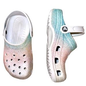 Crocs Pink gray teal sparkle clogs Girl’s shoes size 2